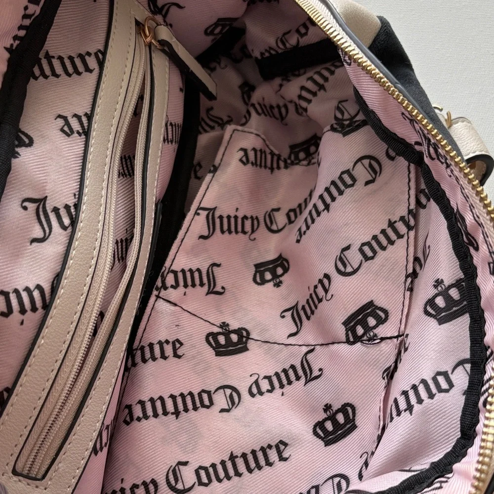 Juicy Couture Black Velour Satchel Bag White Trim Gold Crown Logo
